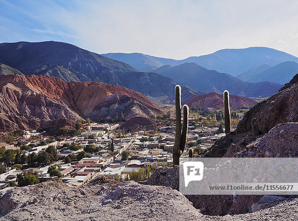 Elevated view of the town and the Hill of Seven Colours (Cerro de los Siete Colores)  Purmamarca  Jujuy Province  Argentina  South America