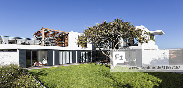 Sonniges  modernes  luxuriöses Haus im Außenbereich mit Hof und Baum