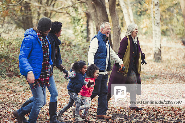 Multi-generation family holding hands walking in autumn park