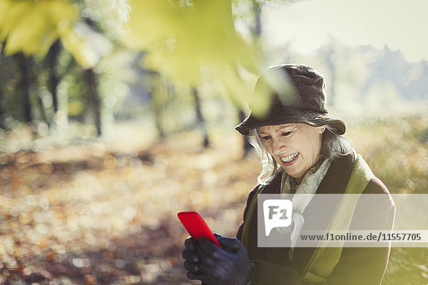 Lächelnde Seniorin mit Handy im sonnigen Herbstpark