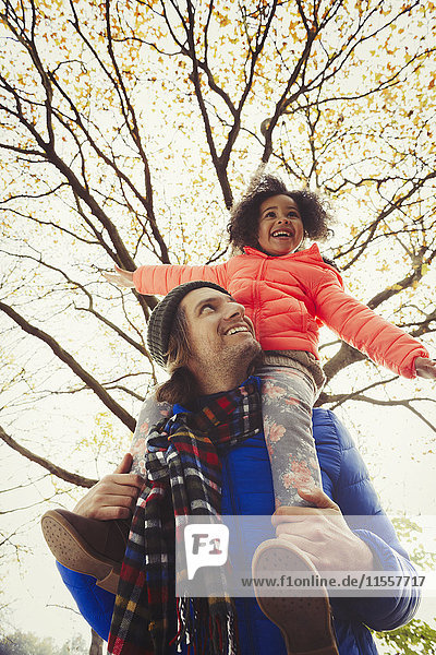 Father carrying enthusiastic daughter on shoulders below autumn tree in park