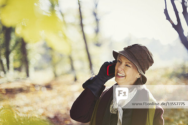 Seniorin am Handy im sonnigen Herbstpark