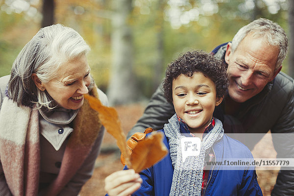 Großeltern und Enkel mit Herbstblatt