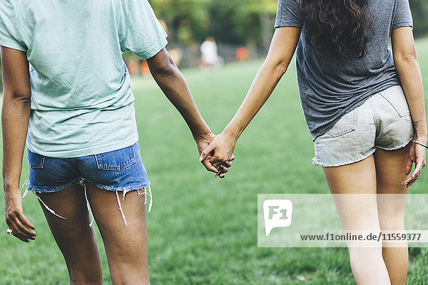 Back view of two women holding hands in a park