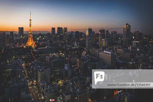 Japan Tokio Skyline mit beleuchtetem Tokyo Tower vom World Trade Center aus gesehen