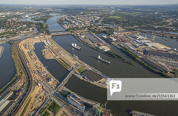 Germany  Hamburg  aerial view of harbor with Elbe bridges