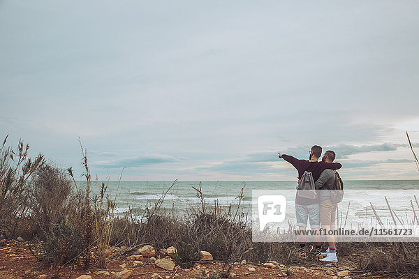 Rückansicht des jungen schwulen Paares mit Blick aufs Meer