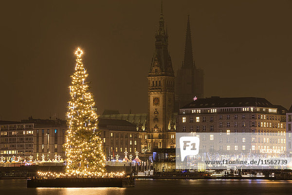 Germany  Hamburg  Jungfernstieg  lighted Christmas tree at Binnenalster with town hall in the background