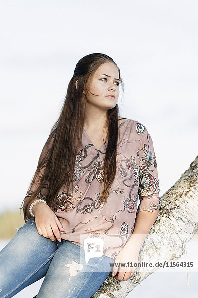 Sweden Vastmanland Hallefors Bergslagen Portrait of girl (12-13) sitting on tree