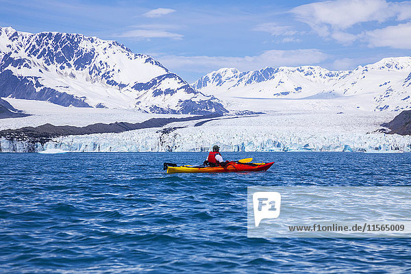A sea kayaker drifts in front of Bear Glacier in Kenai Fjords National Park  Southcentral Alaska  USA