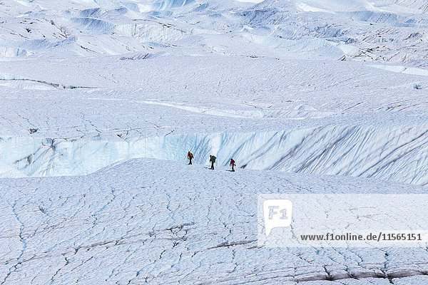 Menschen überqueren den Root-Gletscher im Wrangell-St. Elias-Nationalpark  um an einer geführten Eisklettertour teilzunehmen  Southcentral Alaska  USA