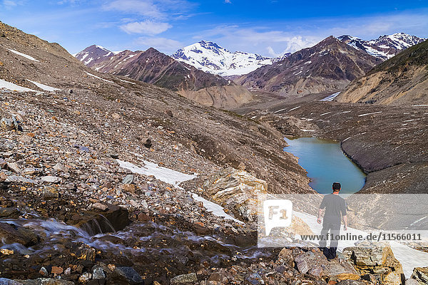 Ein Wanderer blickt über die 'Kreuzung' dreier Arme des Castner Glacier auf den Mount Silvertip  der sich in der Ferne in der Alaska Range erhebt; Alaska  Vereinigte Staaten von Amerika'.