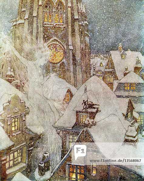 In mancher Winternacht fliegt sie durch die Straßen und späht zu den Fenstern herein  und dann gefriert das Eis auf den Scheiben zu wunderbaren Mustern wie Blumen. Illustration von Edmund Dulac für Die Schneekönigin. Aus Geschichten von Hans Andersen  veröffentlicht 1938.