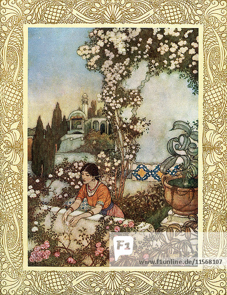 'Look to the blowing Rose about us - ''Lo  Laughing '' she says  ''into the world I blow: At once the silken tassel of my Purse Tear  and its Treasure on the Garden throw. Illustration by Edmund Dulac from the Rubaiyat of Omar Khayyam  published 1909.'