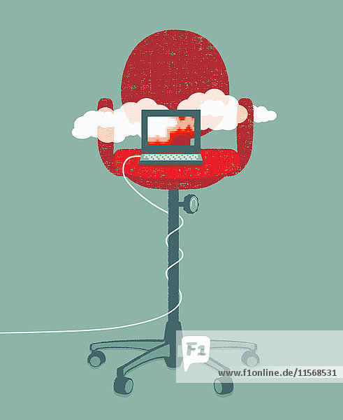 Laptop Cloud-Computing auf hohem Bürostuhl
