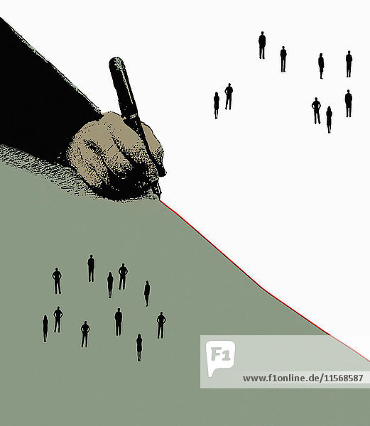 Hand drawing red dividing line separating groups of people