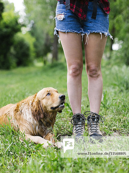 Hund liegt neben einer jungen Frau in Shorts