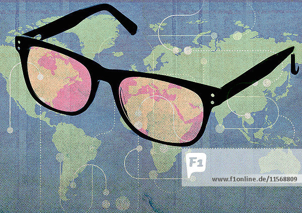 Große Brille betrachtet die weltweiten Verbindungen