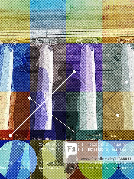 Geschäftsmann analysiert Daten in einer Finanz-und Bankcollage