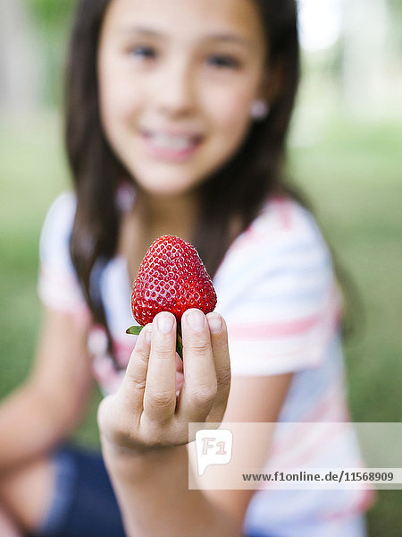 Mädchen (10-11) präsentiert Erdbeere