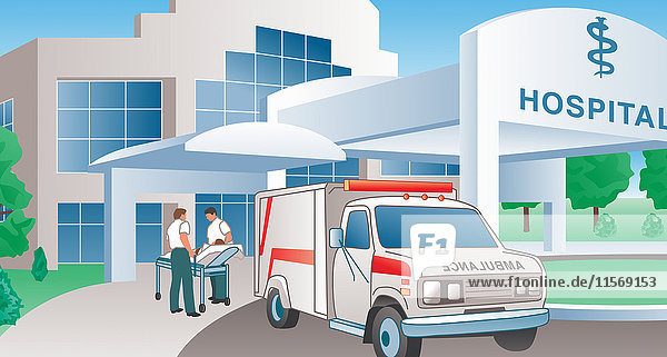 Sanitäter bringen Patienten vom Notarztwagen ins Krankenhaus