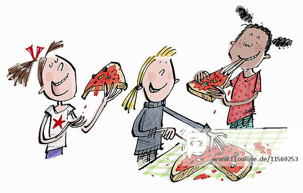 Fröhliche Mädchen teilen sich eine Pizza