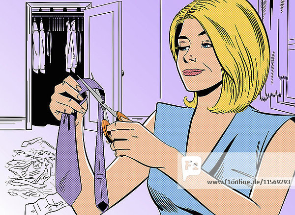 Frau zerschneidet die Kleidung eines Mannes aus dem Kleiderschrank