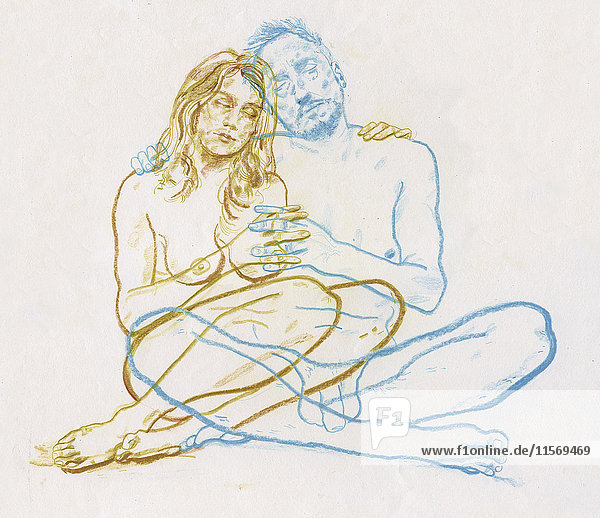 Overlapping drawing of naked couple embracing