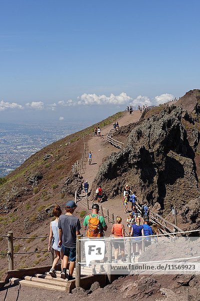 Tourists on a path along the crater edge  Vesuvius  near Naples  Parco Nazionale del Vesuvio  Campania  Italy  Europe