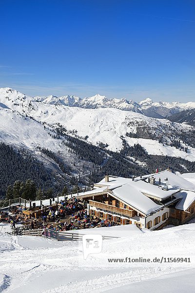 Skifahrer in Holzalm  Skigebiet Hochfügen  Zillertal  Tirol  Österreich  Europa