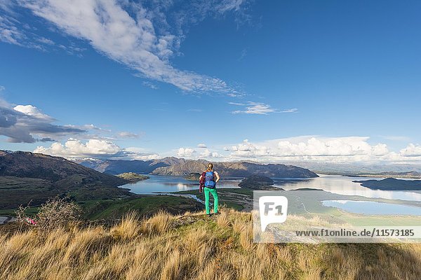 Hiker overlooking Lake Wanaka  Rocky Peak  Rocky Peak Park  Otago  Southland  New Zealand  Oceania