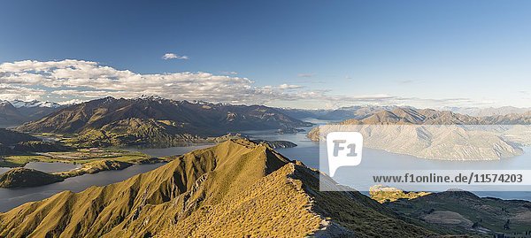 View from Roys Peak  and Mount Roy on Lake Wanaka and mountains  Otago  Southland  New Zealand  Oceania