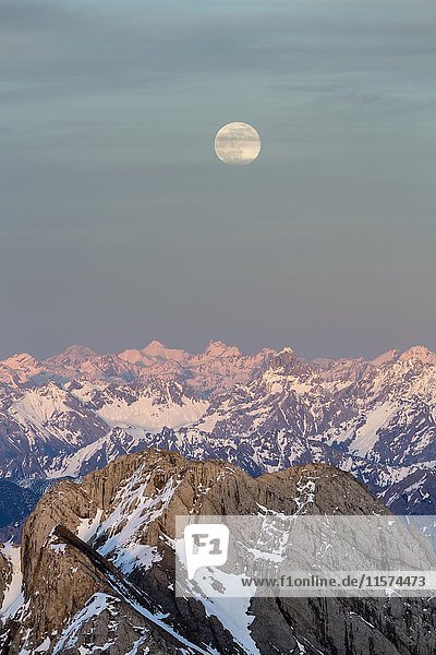 Säntis Mountain overlooking Alpstein massif at full moon  Appenzell Alps  Appenzell  Switzerland  Europe
