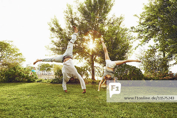 Male and female adult friends doing cartwheels in park