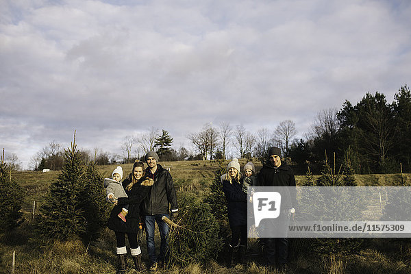 Eltern und kleine Mädchen in einer Weihnachtsbaumfarm  Cobourg  Ontario  Kanada