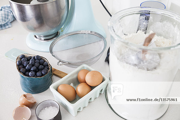 Food mixer  blueberries and carton of eggs on kitchen counter