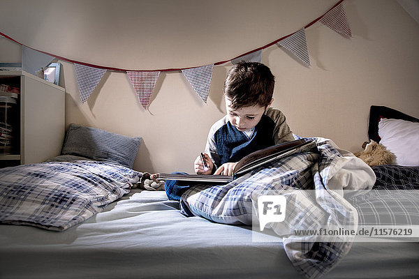 Boy sitting in bed reading book by torchlight