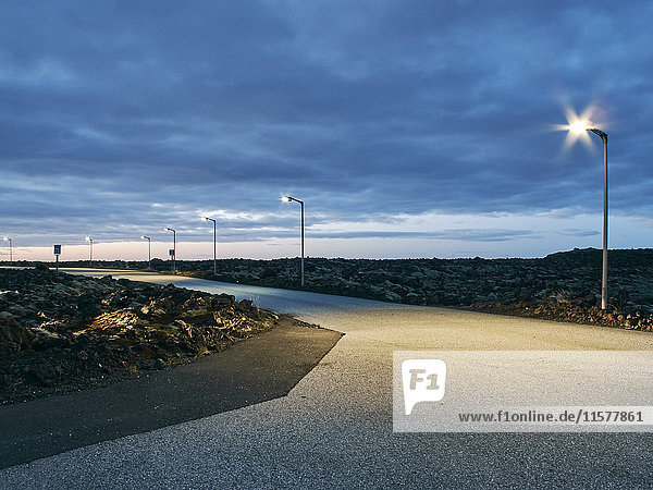 Road and street lamps at dusk  Reykjavik  Iceland