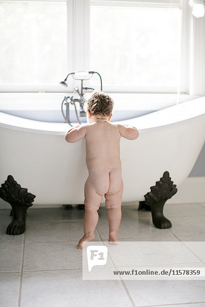 Rear view of naked female toddler looking into bathtub