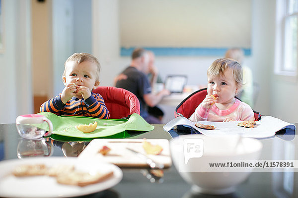 Male and female toddlers at kitchen counter eating breakfast