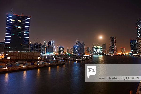 Cityscape at night showing Dubai Canal  Dubai  UAE