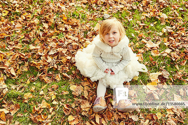 Porträt eines im Herbst sitzenden Mädchens mit lächelndem Blick auf die Kamera