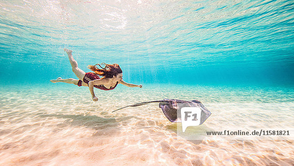 Weibliche Freitaucherin schwimmt mit Stachelrochen auf dem Meeresboden