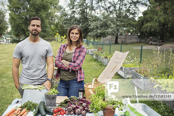 Porträt eines mittleren erwachsenen Paares  das an einem Tisch voller frisch geerntetem Gartengemüse steht.
