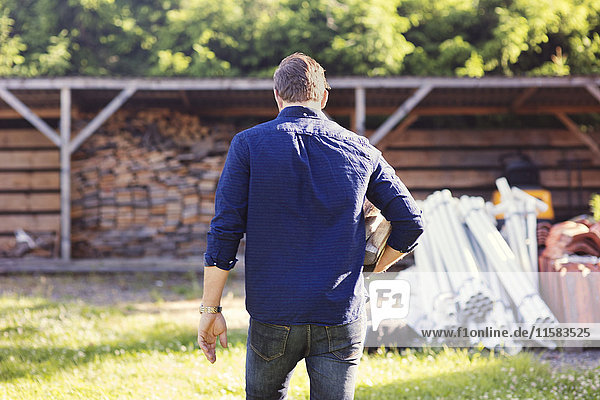 Rear view of man carrying firewood while walking towards shed