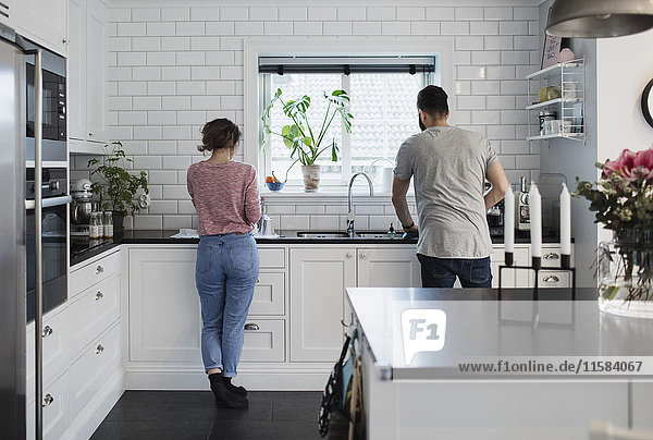 Rückansicht des Paares  das zu Hause in der Küche arbeitet