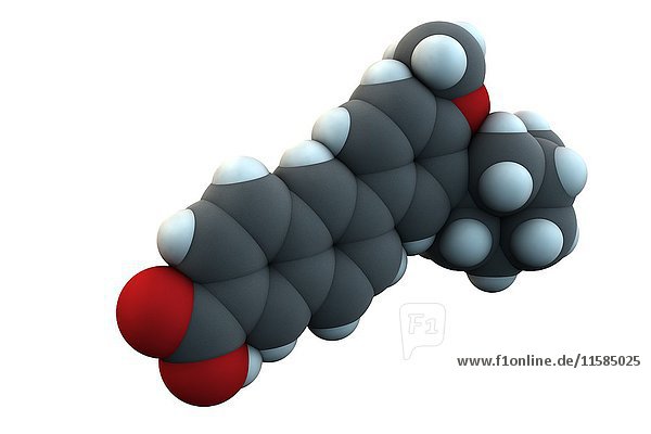 Acitretin Psoriasis Medikament Molekül. Die chemische Formel lautet C28H28O3. Die Atome sind als Kugeln dargestellt: Kohlenstoff (grau)  Wasserstoff (weiß)  Sauerstoff (rot). Illustration.