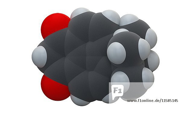 Avobenzon-Sonnenschutzmolekül (UV-Filter). Die chemische Formel lautet C20H22O3. Die Atome sind als Kugeln dargestellt: Kohlenstoff (grau)  Wasserstoff (weiß)  Sauerstoff (rot). Illustration.