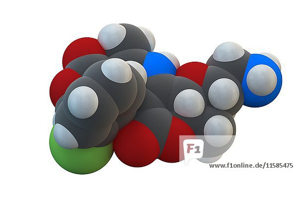 Amlodipin Hypertonie (Bluthochdruck) Medikament Molekül. Die chemische Formel lautet C20H25ClN2O5. Die Atome sind als Kugeln dargestellt: Kohlenstoff (grau)  Wasserstoff (weiß)  Chlor (grün)  Stickstoff (blau)  Sauerstoff (rot). Illustration.