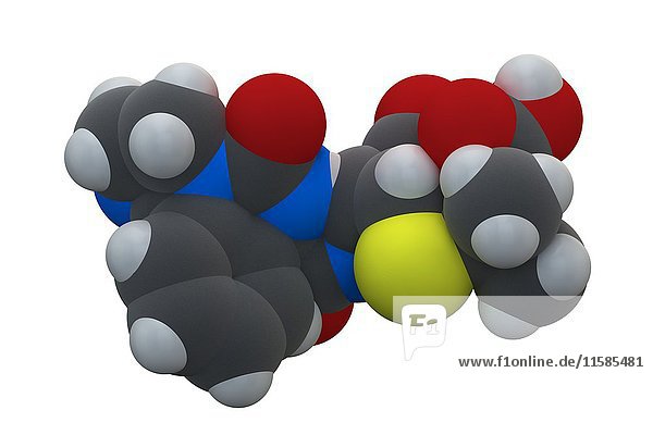 Azlocillin Antibiotikum Medikamentenmolekül. Die chemische Formel lautet C20H23N5O6S. Die Atome sind als Kugeln dargestellt: Kohlenstoff (grau)  Wasserstoff (weiß)  Stickstoff (blau)  Sauerstoff (rot)  Schwefel (gelb). Illustration.